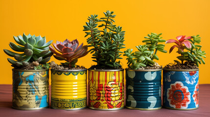 Pot Plant Made from Recycled Can Decorated Colorful and Unique  - obrazy, fototapety, plakaty