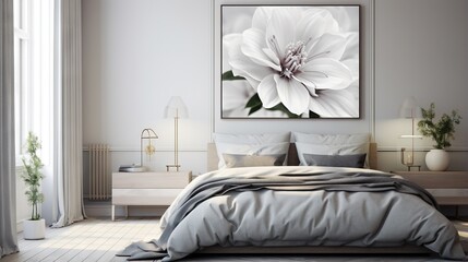  a large white flower on a white wall above a bed.  generative ai