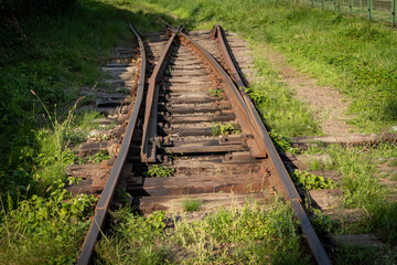 Train railway tracks crossing in Gryfice, Poland. 