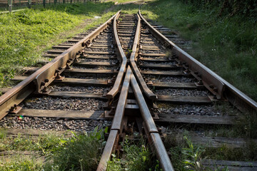Train railway tracks crossing in Gryfice, Poland. 