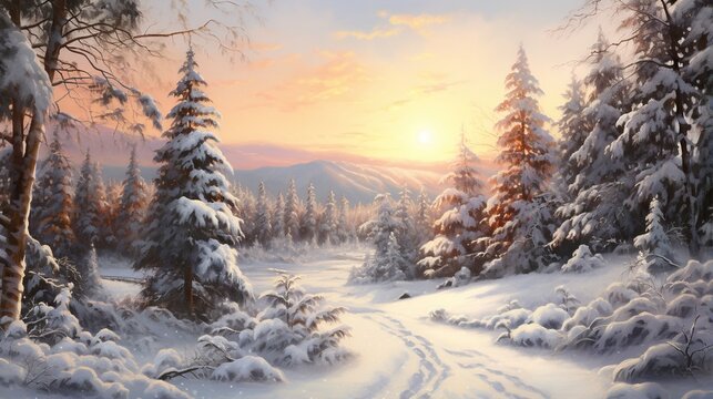 a painting of a snowy landscape with a sunset in the background.  generative ai