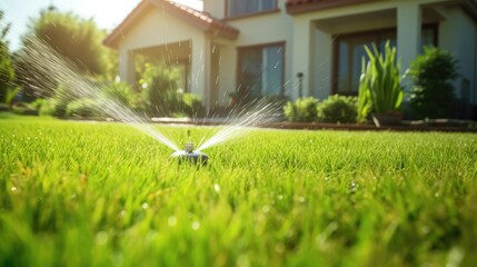 Landscape automatic garden watering system with different rotating sprinklers installed on turf. Landscape design with lawn and fruit garden irrigated with smart autonomous sprayers at sunset time