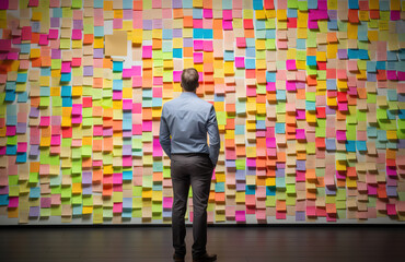 Back view of casual businessman reading sticky notes attached on wall in the office. Maximize work efficiency concept with paper notes.