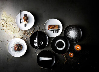 Top view photo on desserts on black and white design plates