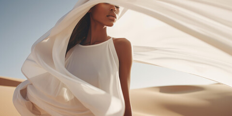 Fototapeta na wymiar Woman in a long white dress walking in the desert with flowing fabric in the wind
