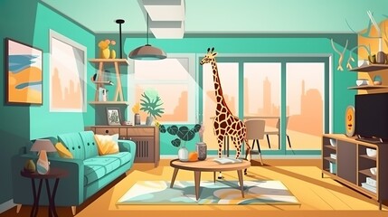 Boho chic, modern, and vibrant beach house interior with giraffe design 