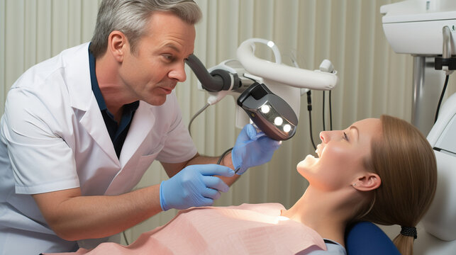 A dentist examining a patient's oral condition using an intraoral camera for detailed images
