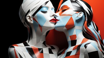 Fototapeta na wymiar Two women with vibrant and imaginative face paint stand in awe of their captivating anime-inspired cartoon art, a vibrant and creative form of fiction animation