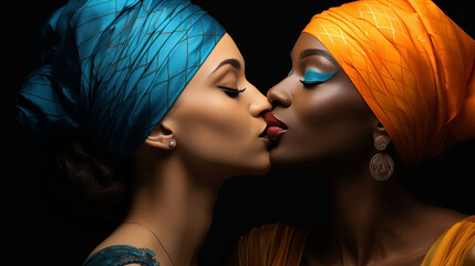 Two vibrant women in fashionable head wraps share an intimate makeover moment, exchanging lipstick-stained kisses of confidence and self-love