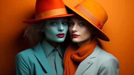 Two stylish women pose in vibrant red and orange fedoras, exuding confidence and making a fashion statement as they stand against the wall