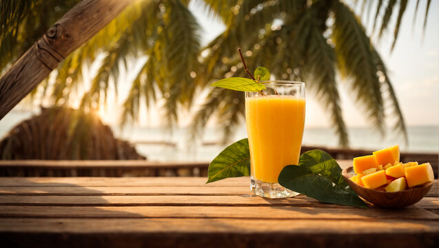 A glass of juice with mango on a background of sea and palm trees