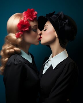Two passionate women, dressed in romantic attire, lovingly embrace as they share a tender kiss, expressing their strong connection and profound love