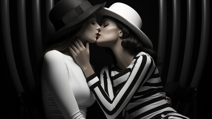 Two young women wearing fashionable fedoras embrace in a passionate kiss, symbolizing a bond of love and friendship - obrazy, fototapety, plakaty