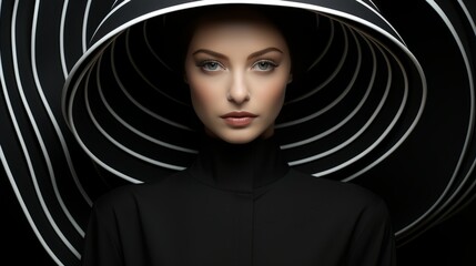 A confident woman exudes fashion and style in a timeless black and white hat, inspiring admiration and empowerment