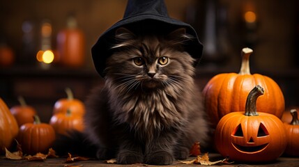 On halloween, a mischievous cat adorns an orange pumpkin hat, delighting in its newfound freedom to explore mysterious, vibrant world of squash and gourds withi cozy safety of indoor vegetable garden