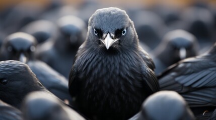 Fototapeta premium A close-up of a single black pigeon with its beak open, perched amongst a flock of its peers in the great outdoors, captures the wild beauty of nature's wildlife