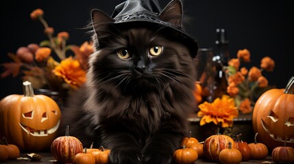 On halloween, a playful cat around a pumpkins and hat, basks in the warm indoor light, bringing a...