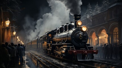 The thunderous roar of steam locomotive, billowing smoke and transporting people and goods along winding railway, a reminder of power and beauty of this majestic train on tracks - obrazy, fototapety, plakaty