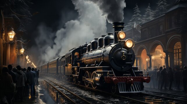 The thunderous roar of steam locomotive, billowing smoke and transporting people and goods along winding railway, a reminder of power and beauty of this majestic train on tracks