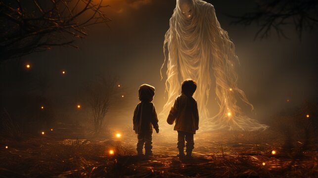 On A Winter Night, Two Silhouetted Children Stand In Awe Beneath A Looming Figure Shrouded In Fog, Illuminated By The Soft Light Of The Night Sky