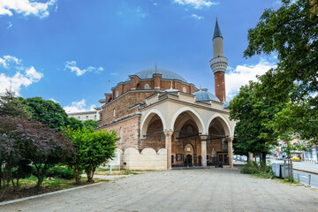 Fototapeta na wymiar Banya Bashi Mosque, the only active mosque in Sofia, Bulgaria. Landmark mosque in the city center of Sofia, Bulgaria