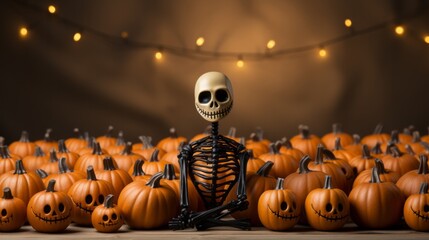 On halloween night, a spooky skeleton sits in front of a line of illuminated jack-o'-lanterns, creating an eerie yet inviting atmosphere of squash, gourds, and calabazas that beckon all to come