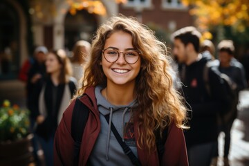 A student girl with glasses and a backpack, goes from college with her peers and laughs - obrazy, fototapety, plakaty