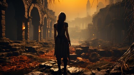 Fototapeta premium A mysterious woman stands in a forgotten fog-shrouded outdoor ruin, evoking a sense of wonder and inviting exploration