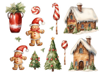Fototapeta premium Watercolor Christmas Clipart. Christmas watercolor set