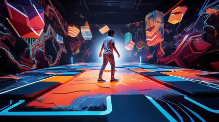 Tuinposter Enchanting Trampoline Park Experience, Dynamic Surface Illumination Crafting Mesmerizing Patterns with Each Bounce of Joyful Children © Magenta Dream