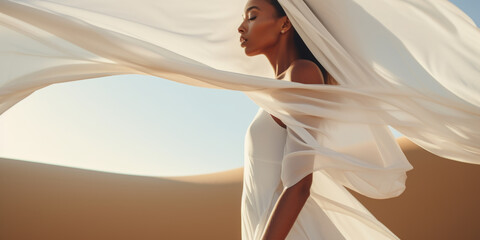 Woman in a long white dress walking in the desert with flowing fabric in the wind
