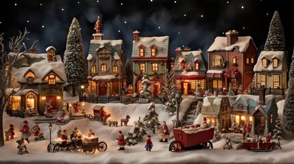  a christmas village with a red truck and lots of lights.  generative ai