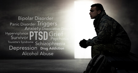 Soldier, words and overlay with anxiety, PTSD and psychology text of a veteran and man. Military,...
