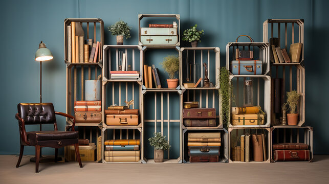 Creative Shelving Unit made from Old Wooden Crates or Vintage Suitcases