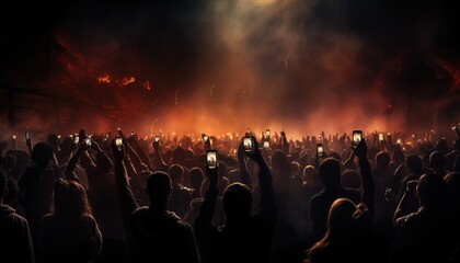 Group of people holding lighters and mobile phones at a concert, crowd of people silhouettes with raised hands. Dark background, smoke, spotlights. Bright lights - obrazy, fototapety, plakaty