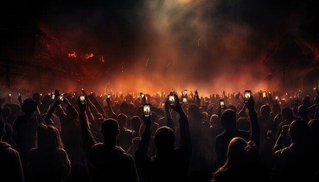 Group Of People Holding Lighters And Mobile Phones At A Concert, Crowd Of People Silhouettes With Raised Hands. Dark Background, Smoke, Spotlights. Bright Lights