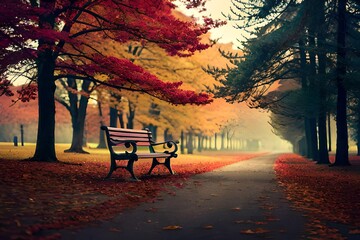 A lonely crimson bench in an autumnal park. - obrazy, fototapety, plakaty