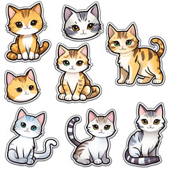 Set of cute cat stickers on white background, created with Generative AI technology	