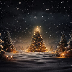 Christmas tree with lights at night in the forest. AI Generation