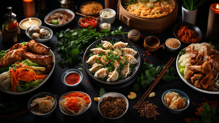 Steamed Chinese dumplings, typical Chinese cuisine - obrazy, fototapety, plakaty