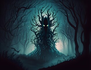 photo of spooky forest spirit in a Halloween night 