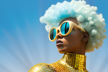 African American Woman with bright color hair in style of retro futurism, colorful bright look