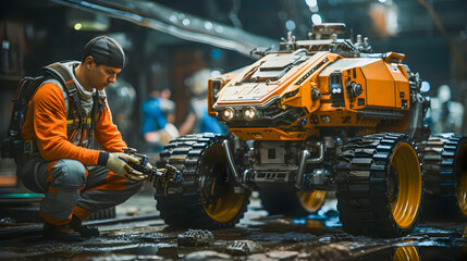 Man engineer repairs surface rover robot, moon rover. Service technical station for all-terrain vehicle research robots. - Powered by Adobe