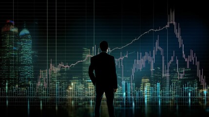 A businessman in the background of the city with graphs of the growth of the financial performance of the stock market and the stock exchange. 