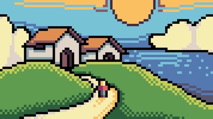 Charming Vintage Village Pixel Art: Rustic Countryside in Classic Retro Colors, Two Quaint Houses, Nostalgic Outdoor Scene, Aesthetic Home Decor, Collectible Vintage Artwork