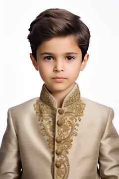 Handsome Boy in Traditional Indian Attire, Well-Defined Physique Enhanced by Achkan and Churidar Cuts, Regal Aura and Confident Gaze Command Attention