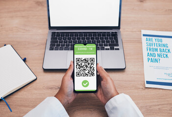 Doctor, qr code and hands with phone for with covid results and information with networking. Blank screen, mockup space and mobile healthcare with virus data for clinic report and digital review