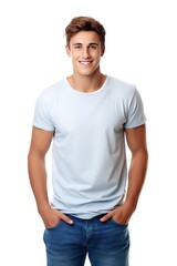 Handsome College Boy with Captivating Aura, Well-Proportioned Frame, Casual Tee and Jeans Reflect Relaxed Style, Approachable Demeanor and Engaging Smile Invite Connection - obrazy, fototapety, plakaty