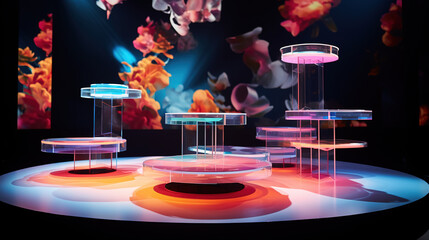 3D Podium Stage with Surrealism Decoration and Stylish Floating Holographic Display