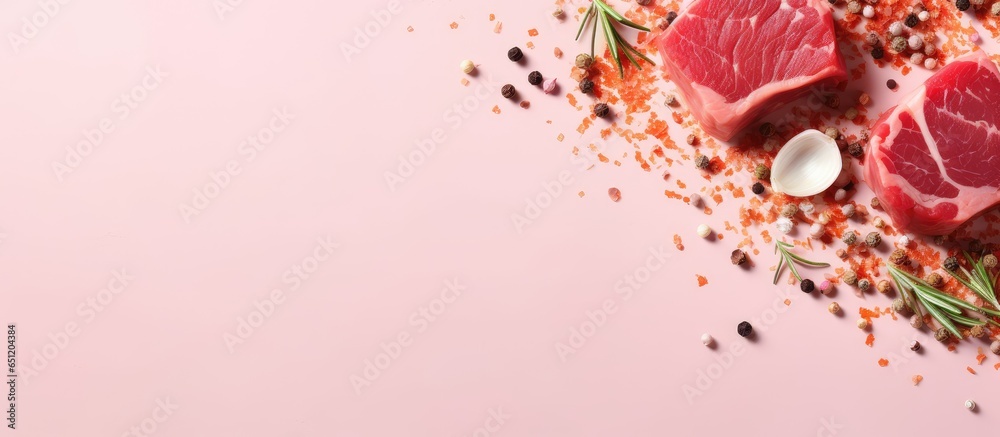 Poster cooked steak with onions on a isolated pastel background copy space